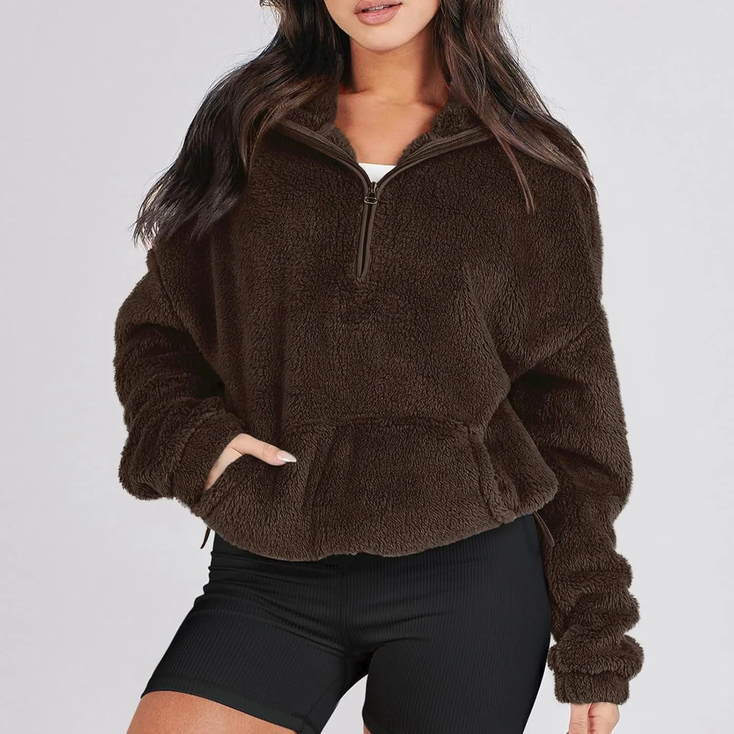 Womens Sherpa Half Zip Sweatshirts Oversized Pullover Long Sleeve Quarter Zip Up Hoodies Fuzzy Fleece Sweaters