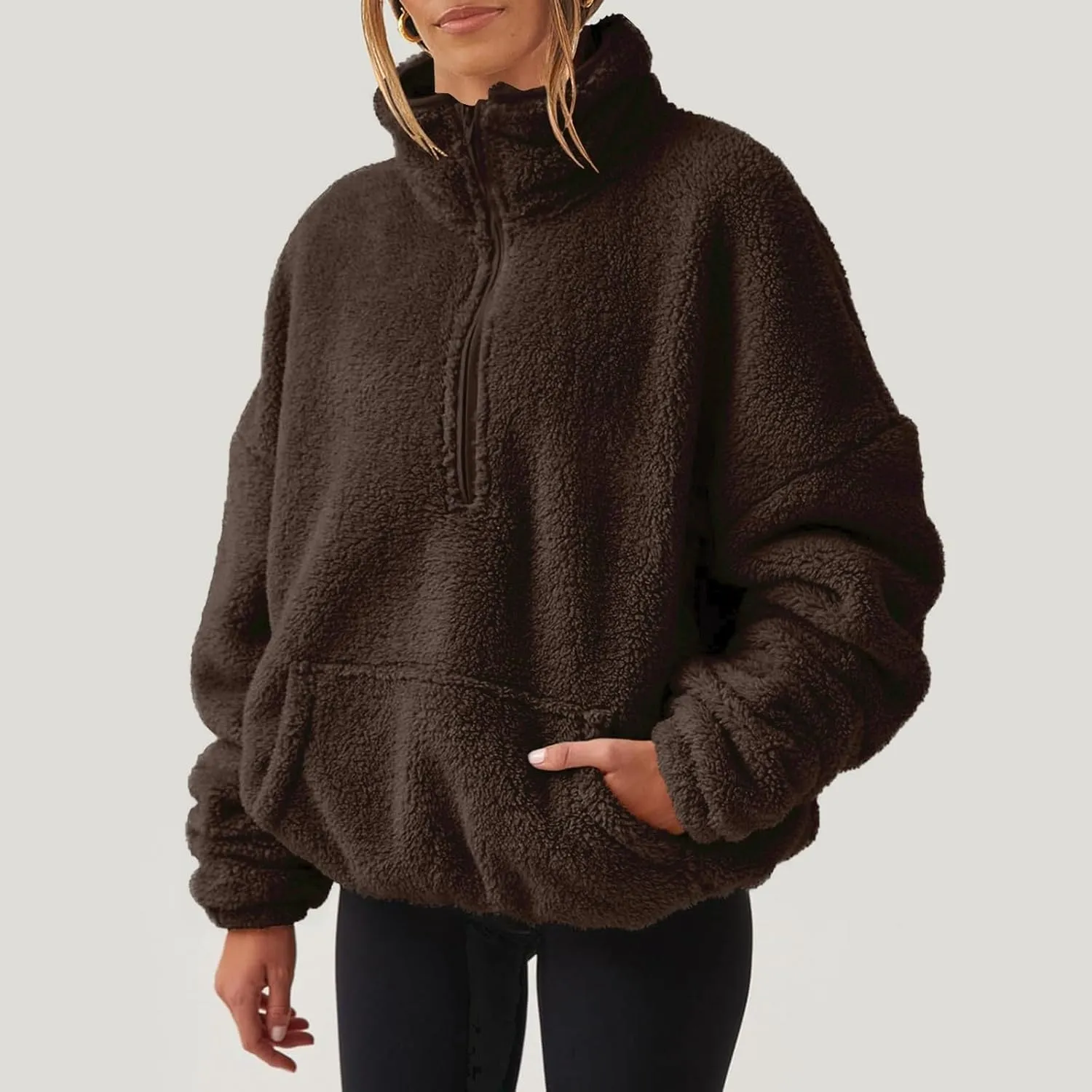 Womens Sherpa Half Zip Sweatshirts Oversized Pullover Long Sleeve Quarter Zip Up Hoodies Fuzzy Fleece Sweaters