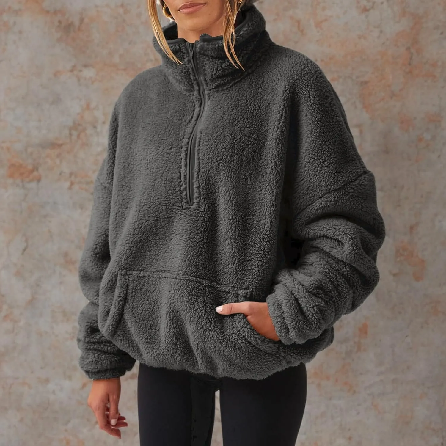 Womens Sherpa Half Zip Sweatshirts Oversized Pullover Long Sleeve Quarter Zip Up Hoodies Fuzzy Fleece Sweaters