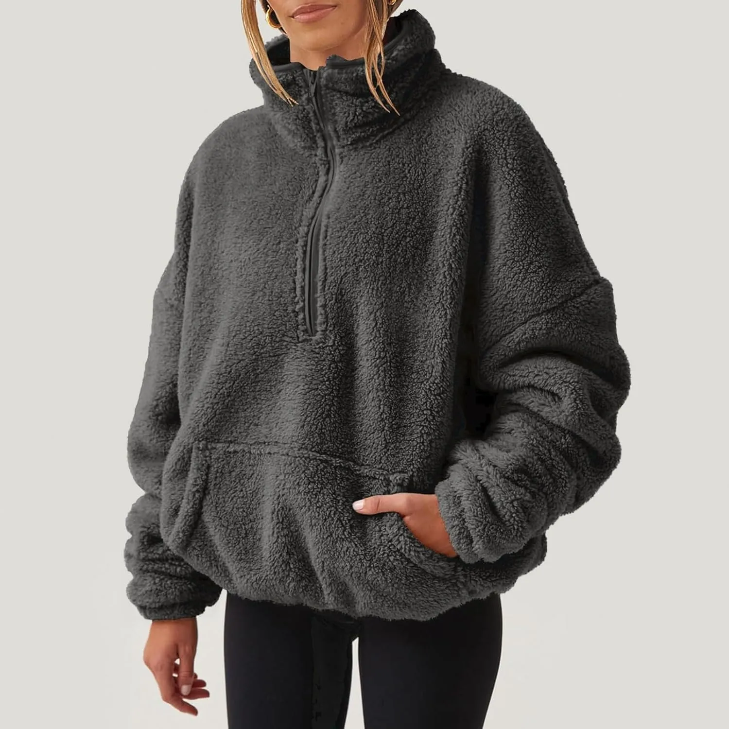 Womens Sherpa Half Zip Sweatshirts Oversized Pullover Long Sleeve Quarter Zip Up Hoodies Fuzzy Fleece Sweaters