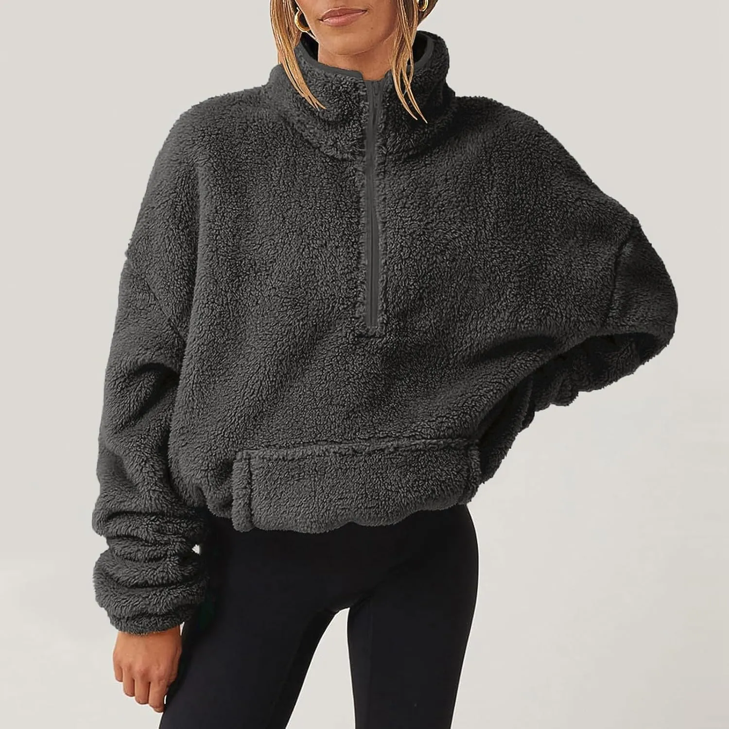 Womens Sherpa Half Zip Sweatshirts Oversized Pullover Long Sleeve Quarter Zip Up Hoodies Fuzzy Fleece Sweaters