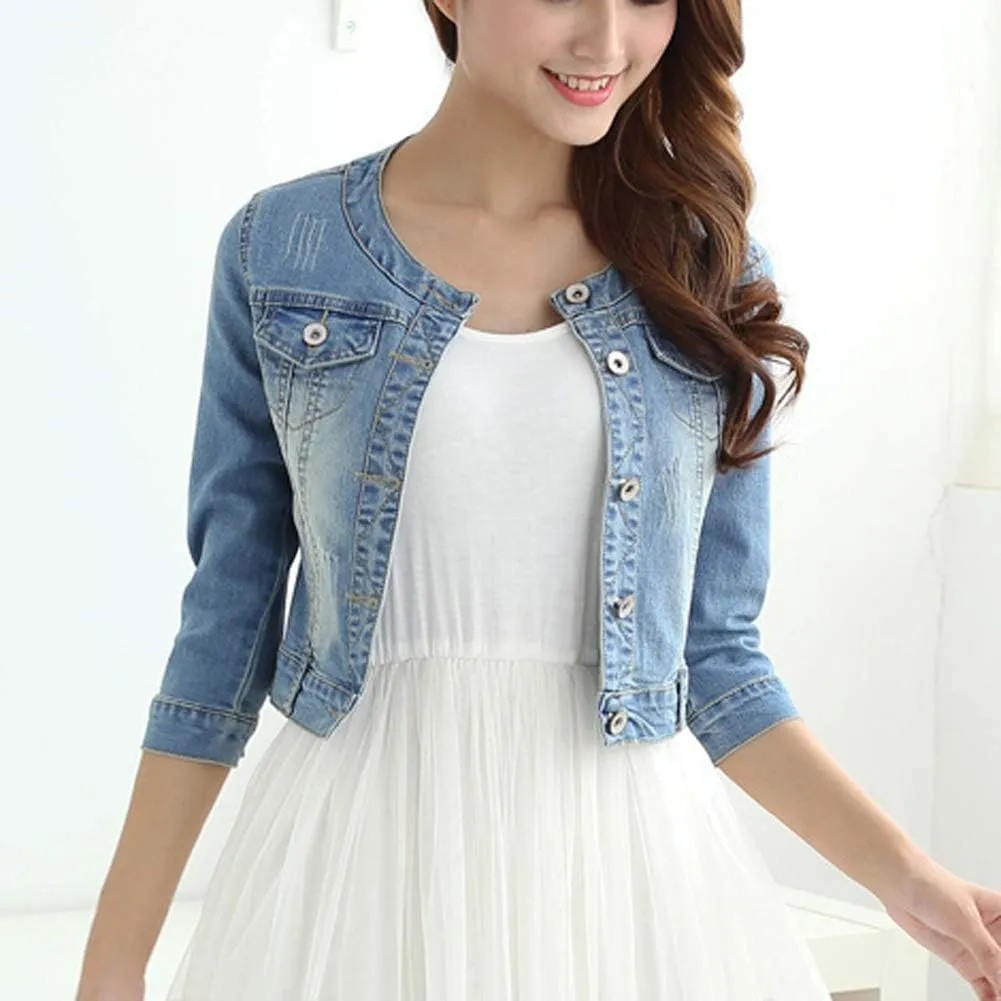Women's Short Denim Jacket Round Neck Denim Three Quarter Sleeves Light Blue Jacket