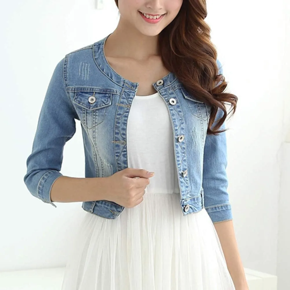 Women's Short Denim Jacket Round Neck Denim Three Quarter Sleeves Light Blue Jacket