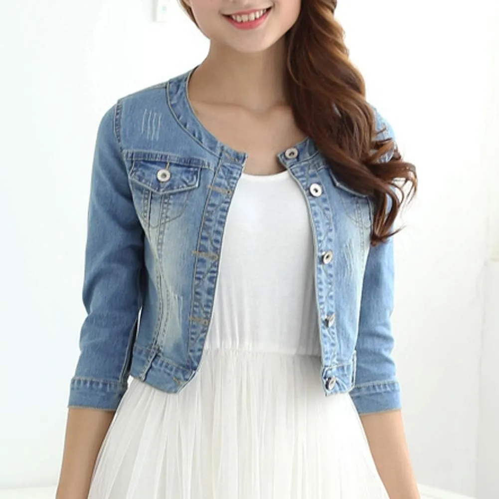 Women's Short Denim Jacket Round Neck Denim Three Quarter Sleeves Light Blue Jacket