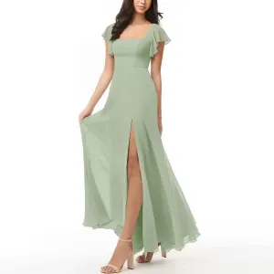 Women's Square Neck Light Green Bridesmaid Dresses Short Sleeve for Wedding Chiffon Long Formal Evening Dress with Slit US2