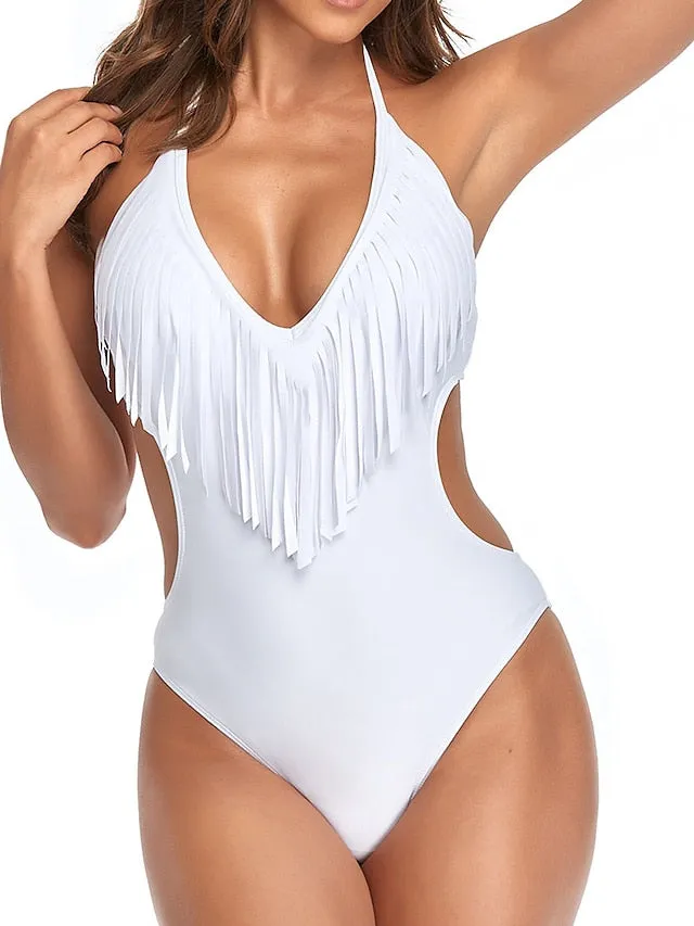Women's Stylish One Piece Monokini Swimsuit: Tassel, Open Back, Halter, Padded, V Wire, Multiple Colors