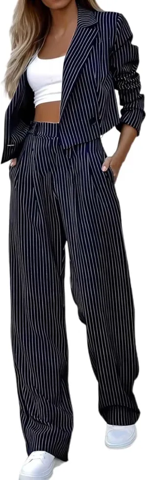 Womens Suits 2 Piece Set Striped Blazer Business Casual Short Lapel Blazer High Waisted Work Pants Business Suit