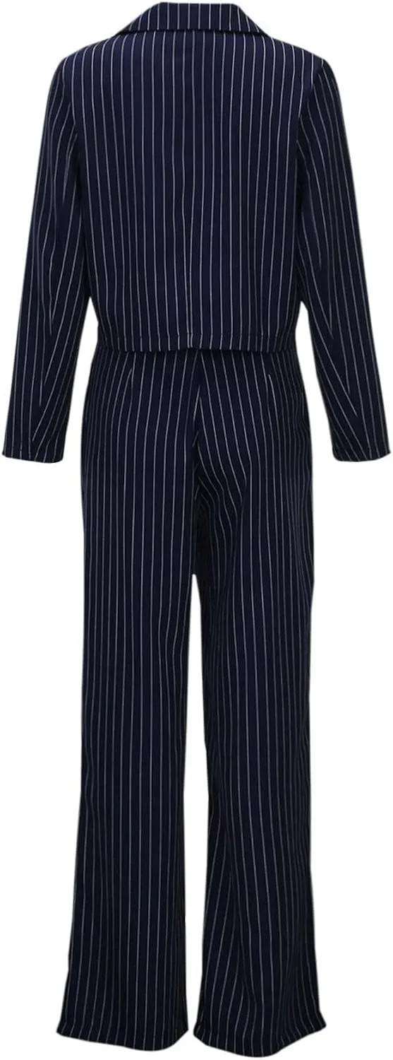 Womens Suits 2 Piece Set Striped Blazer Business Casual Short Lapel Blazer High Waisted Work Pants Business Suit