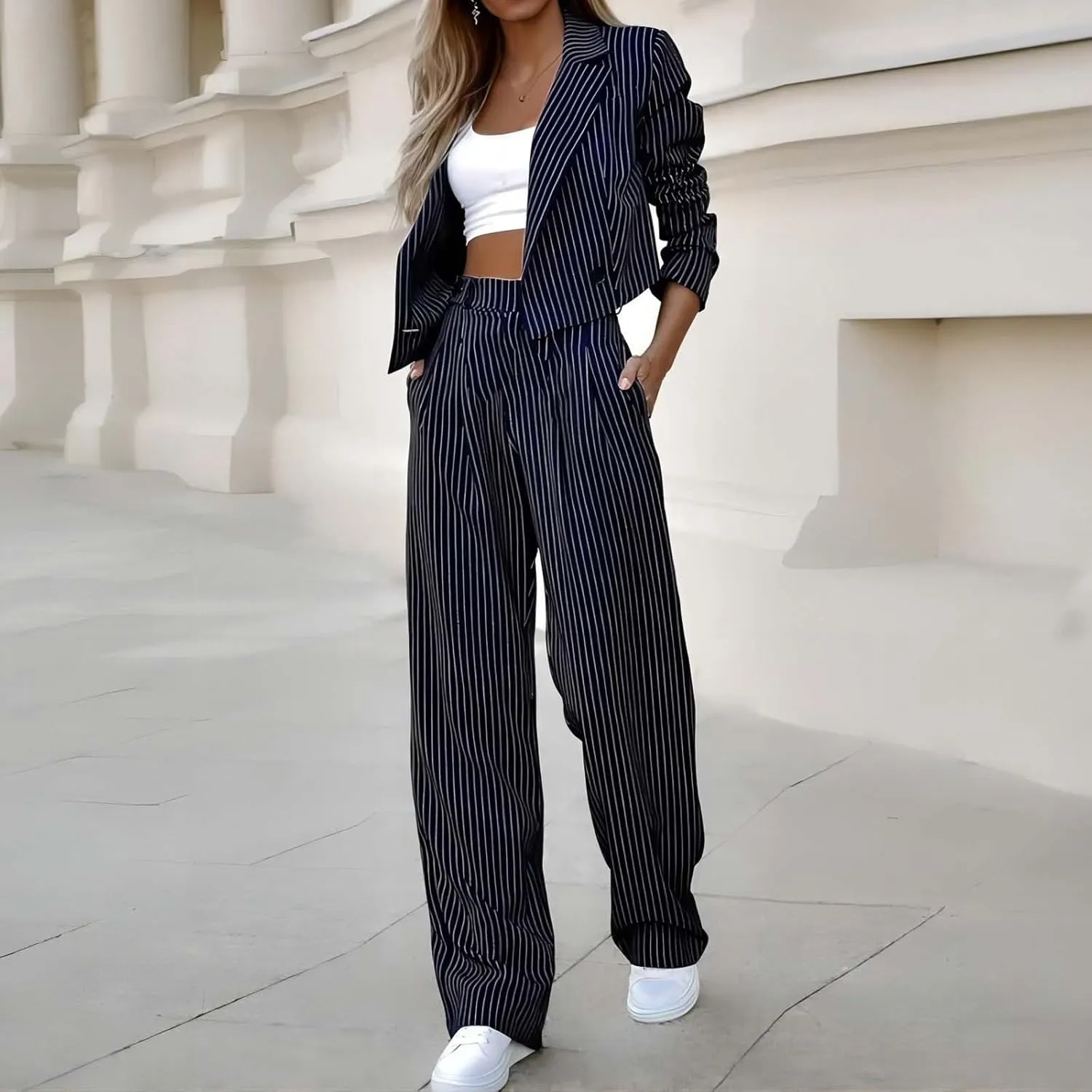 Womens Suits 2 Piece Set Striped Blazer Business Casual Short Lapel Blazer High Waisted Work Pants Business Suit