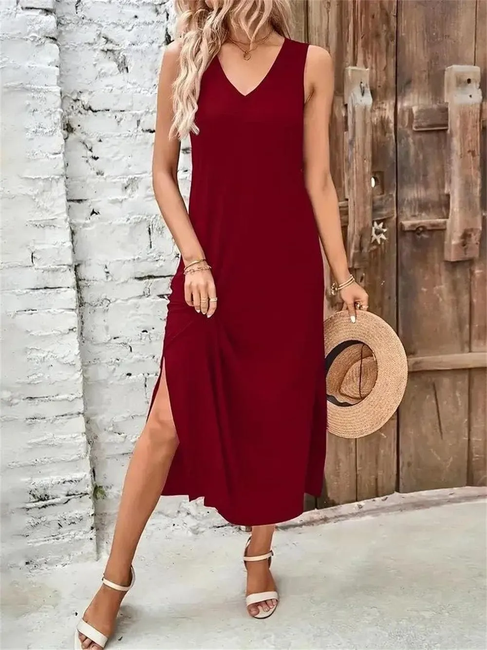 Women's Summer Casual Camisole Dress Slimming V Neck Comfortable Wrap Maxi Dresses