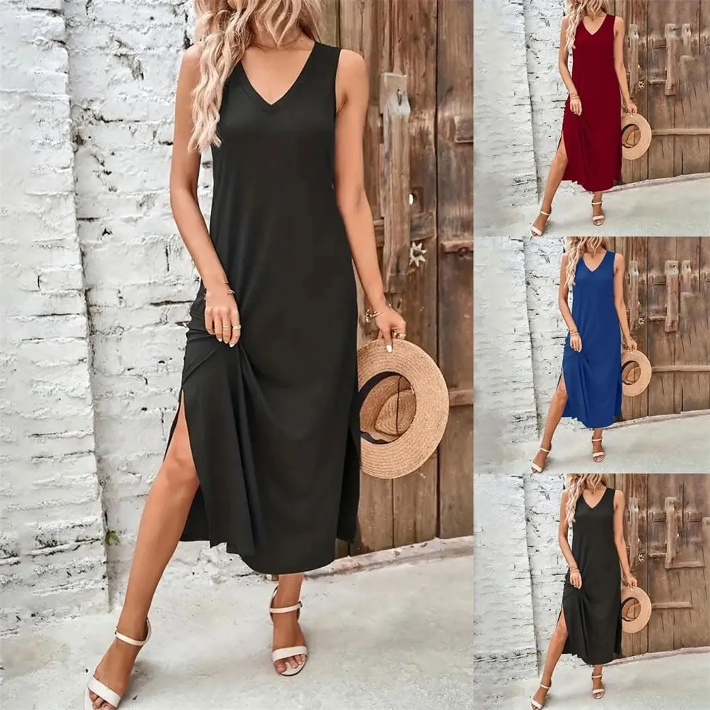 Women's Summer Casual Camisole Dress Slimming V Neck Comfortable Wrap Maxi Dresses