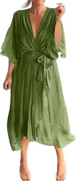 Women's Sundresses 2025 Vacation Seven Sleeve Split Loose Light Irregular Plus Size Midi Dress Casual, S-5XL