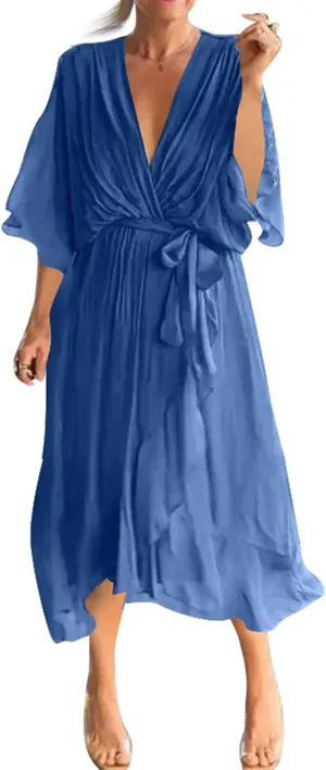 Women's Sundresses 2025 Vacation Seven Sleeve Split Loose Light Irregular Plus Size Midi Dress Casual, S-5XL