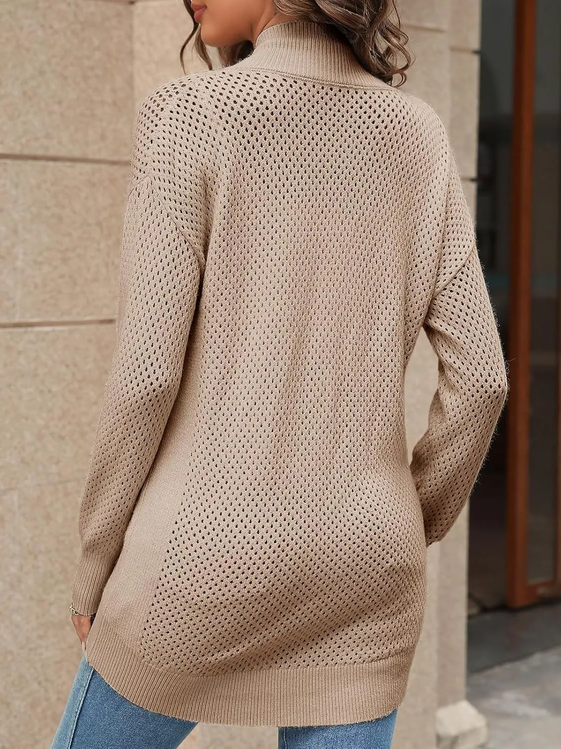 Women's Turtleneck Zip Up Cardigan Sweaters Oversized Drop Shoulder Long Sleeve Casual Solid Mesh Knit Jumper Tops