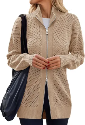 Women's Turtleneck Zip Up Cardigan Sweaters Oversized Drop Shoulder Long Sleeve Casual Solid Mesh Knit Jumper Tops