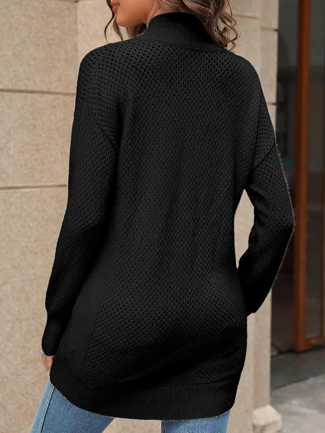 Women's Turtleneck Zip Up Cardigan Sweaters Oversized Drop Shoulder Long Sleeve Casual Solid Mesh Knit Jumper Tops
