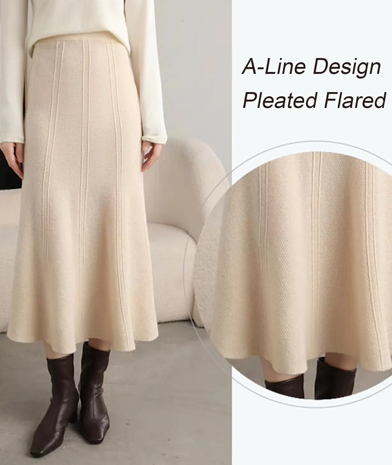 Women's Warm High Waist Wool Long Skirt Winter and Fall A-Line Pleated Flared Knit Midi Skirt