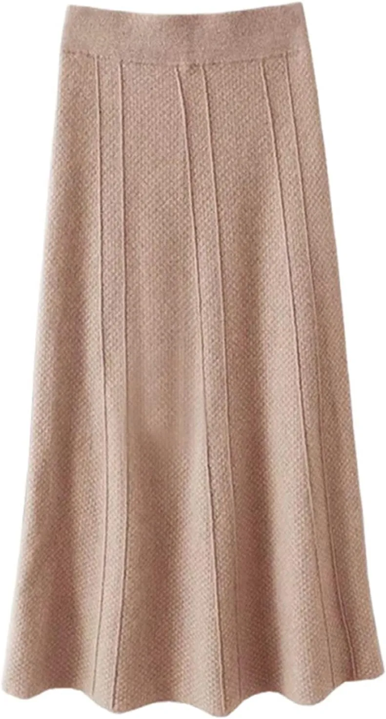 Women's Warm High Waist Wool Long Skirt Winter and Fall A-Line Pleated Flared Knit Midi Skirt