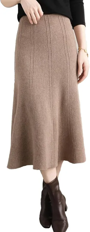 Women's Warm High Waist Wool Long Skirt Winter and Fall A-Line Pleated Flared Knit Midi Skirt