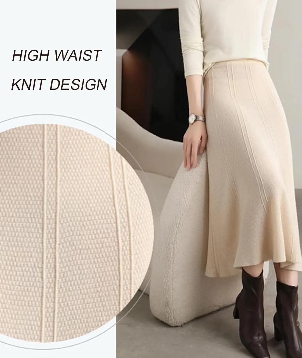 Women's Warm High Waist Wool Long Skirt Winter and Fall A-Line Pleated Flared Knit Midi Skirt