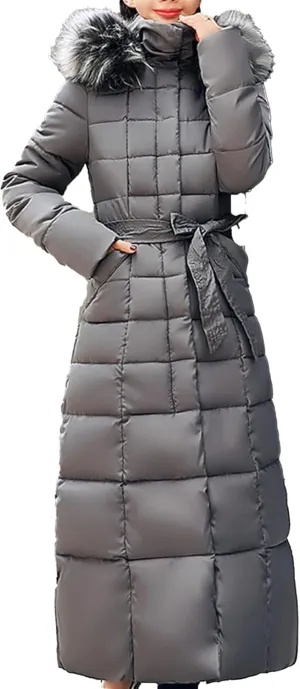Women's Winter Long Puffer Coat Long Sleeve Maxi Down Parka Jacket with Fur Hood Slim Fit Warm Thicken Outwear