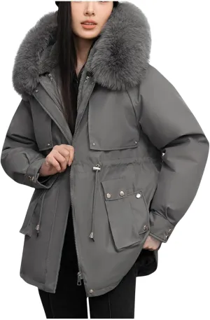 Women's Winter Sherpa Lined Faux Fur Hooded Mid Long Safari Parka Coat Fashion Warm Jackets Loose Fit Solid Color