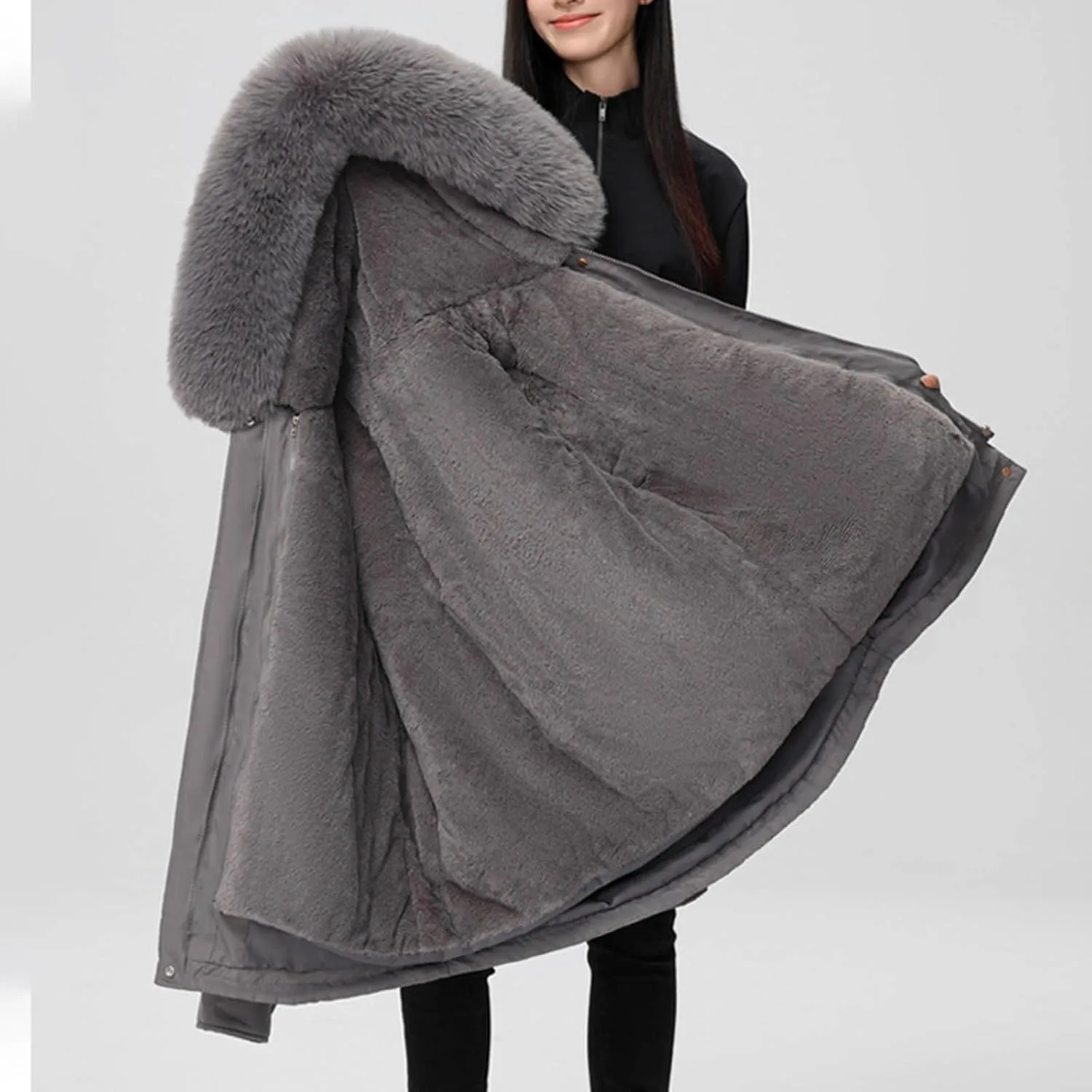 Women's Winter Sherpa Lined Faux Fur Hooded Mid Long Safari Parka Coat Fashion Warm Jackets Loose Fit Solid Color