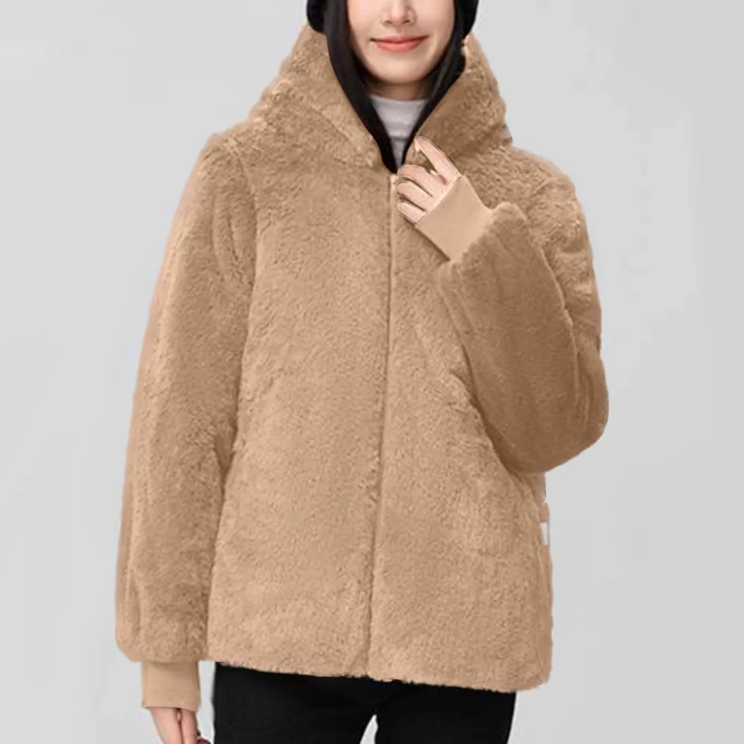 Women's Winter Sherpa Lined Faux Fur Hooded Mid Long Safari Parka Coat Fashion Warm Jackets Loose Fit Solid Color
