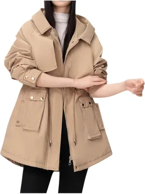 Women's Winter Sherpa Lined Faux Fur Hooded Mid Long Safari Parka Coat Fashion Warm Jackets Loose Fit Solid Color