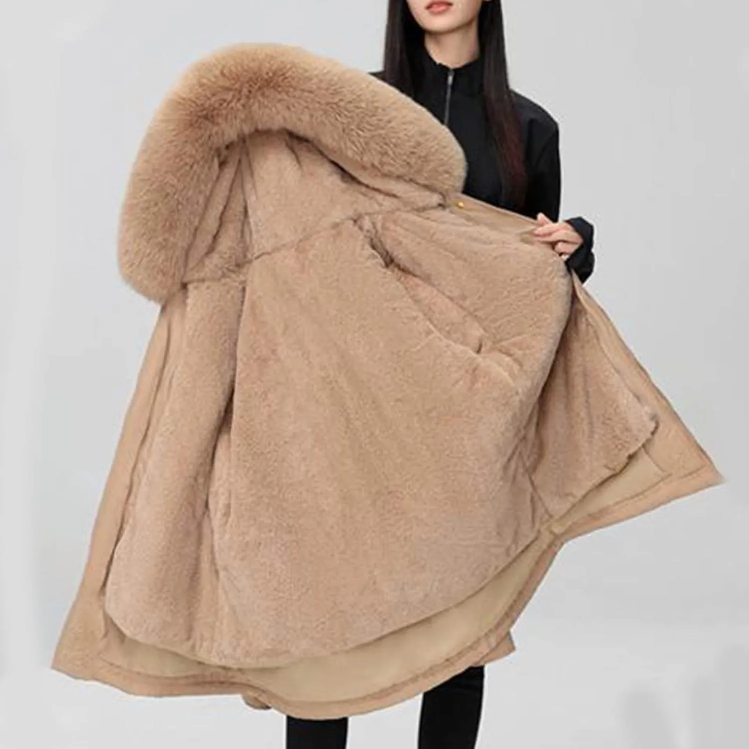 Women's Winter Sherpa Lined Faux Fur Hooded Mid Long Safari Parka Coat Fashion Warm Jackets Loose Fit Solid Color