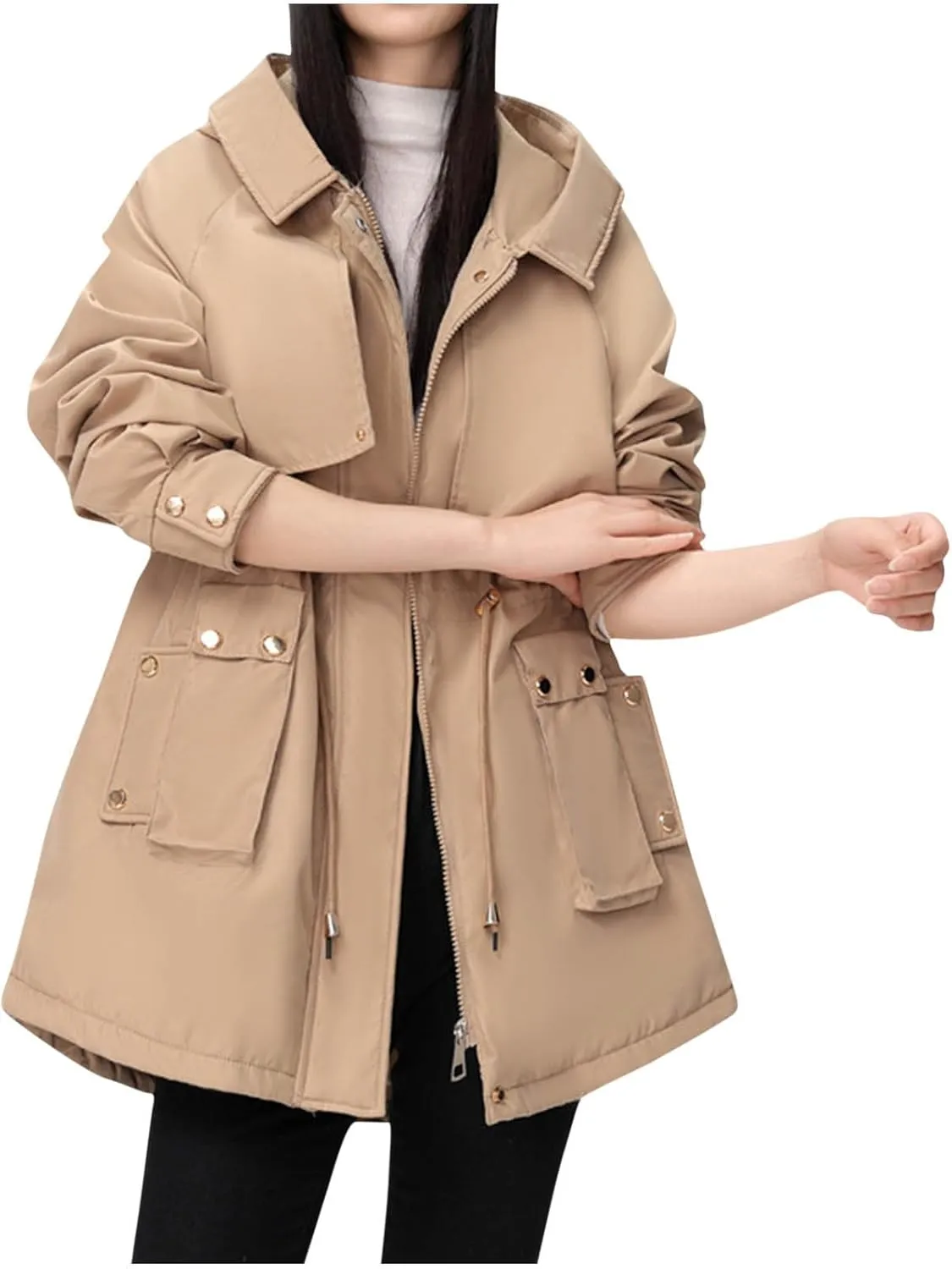 Women's Winter Sherpa Lined Faux Fur Hooded Mid Long Safari Parka Coat Fashion Warm Jackets Loose Fit Solid Color