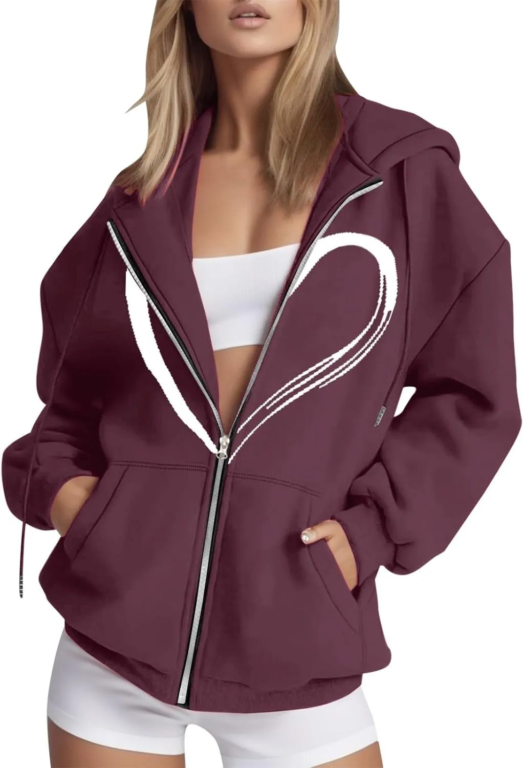 Womens Zip up Graphic Hoodies Heart Print Hooded Sweatshirts Jackets Oversized Sweaters Fall Plus Size Outfits