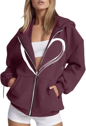 Womens Zip up Graphic Hoodies Heart Print Hooded Sweatshirts Jackets Oversized Sweaters Fall Plus Size Outfits