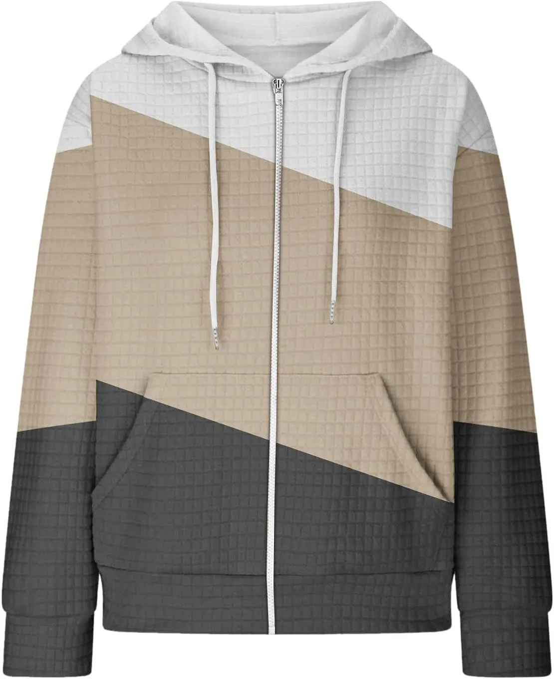 Womens Zip Up Hoodies Long Sleeve Color Block Waffle Knit Hooded Sweatshirt Comfy Oversized Sweatshirts