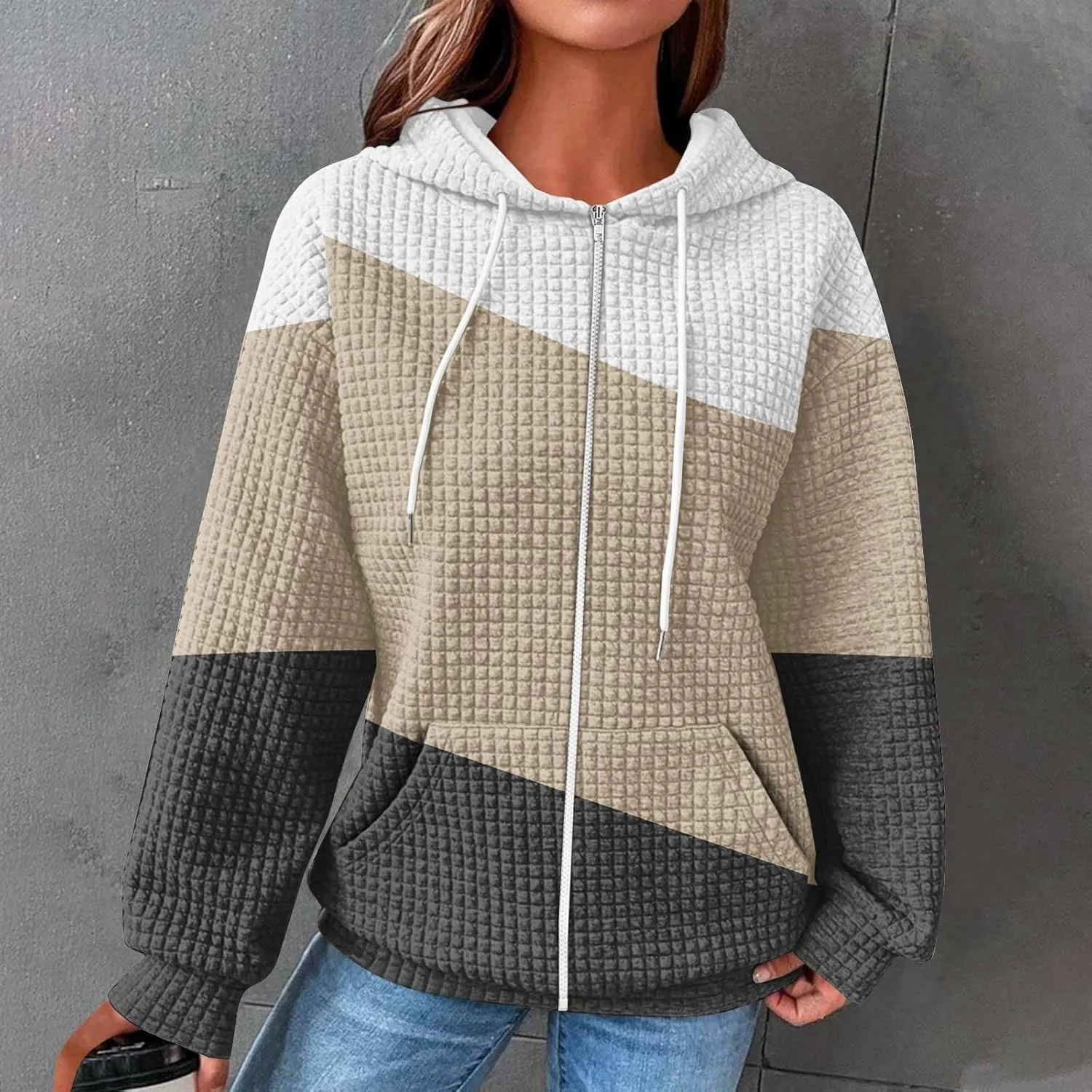 Womens Zip Up Hoodies Long Sleeve Color Block Waffle Knit Hooded Sweatshirt Comfy Oversized Sweatshirts