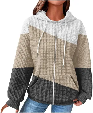 Womens Zip Up Hoodies Long Sleeve Color Block Waffle Knit Hooded Sweatshirt Comfy Oversized Sweatshirts
