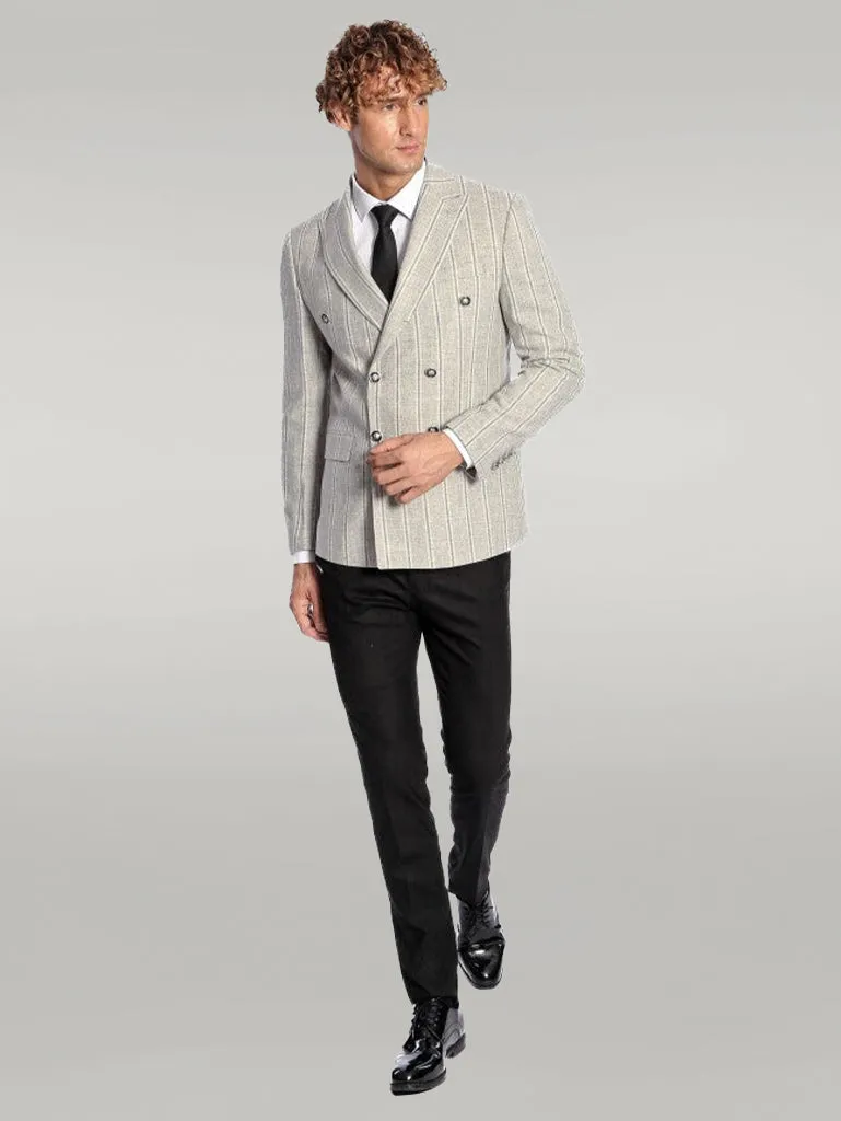 WSS Wide Lapel Striped Double Breasted Grey Men Blazer  - Singen