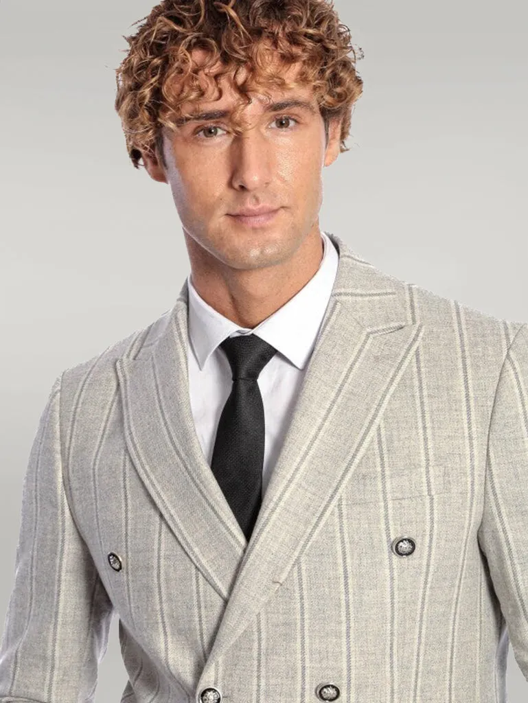 WSS Wide Lapel Striped Double Breasted Grey Men Blazer  - Singen