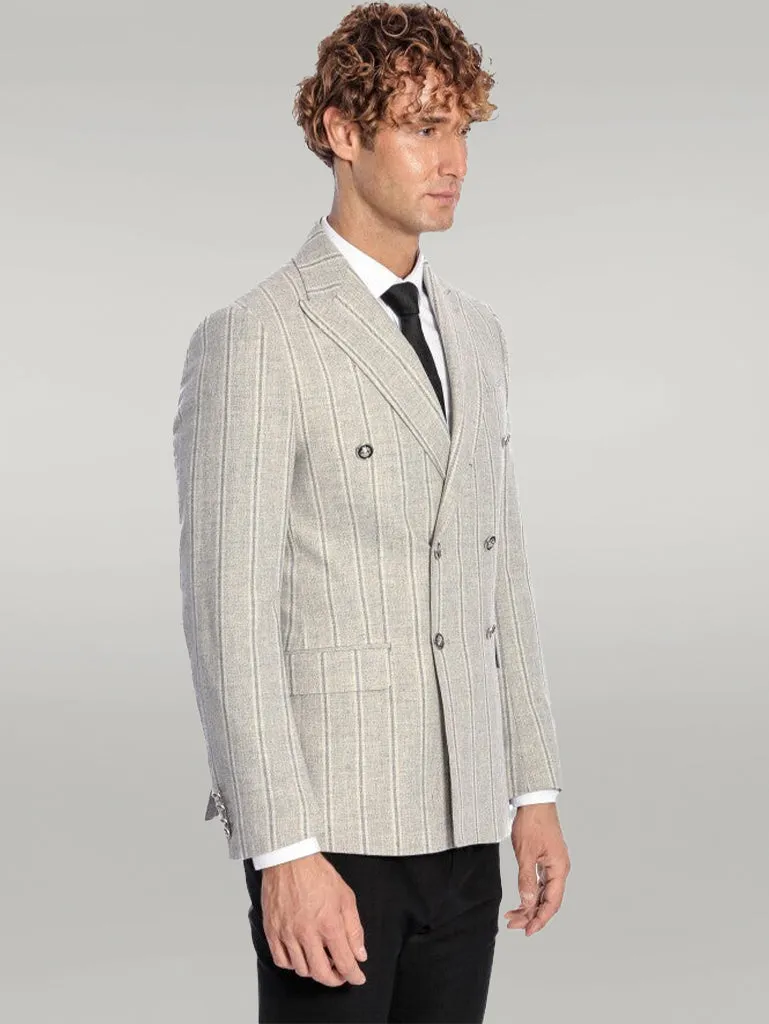 WSS Wide Lapel Striped Double Breasted Grey Men Blazer  - Singen