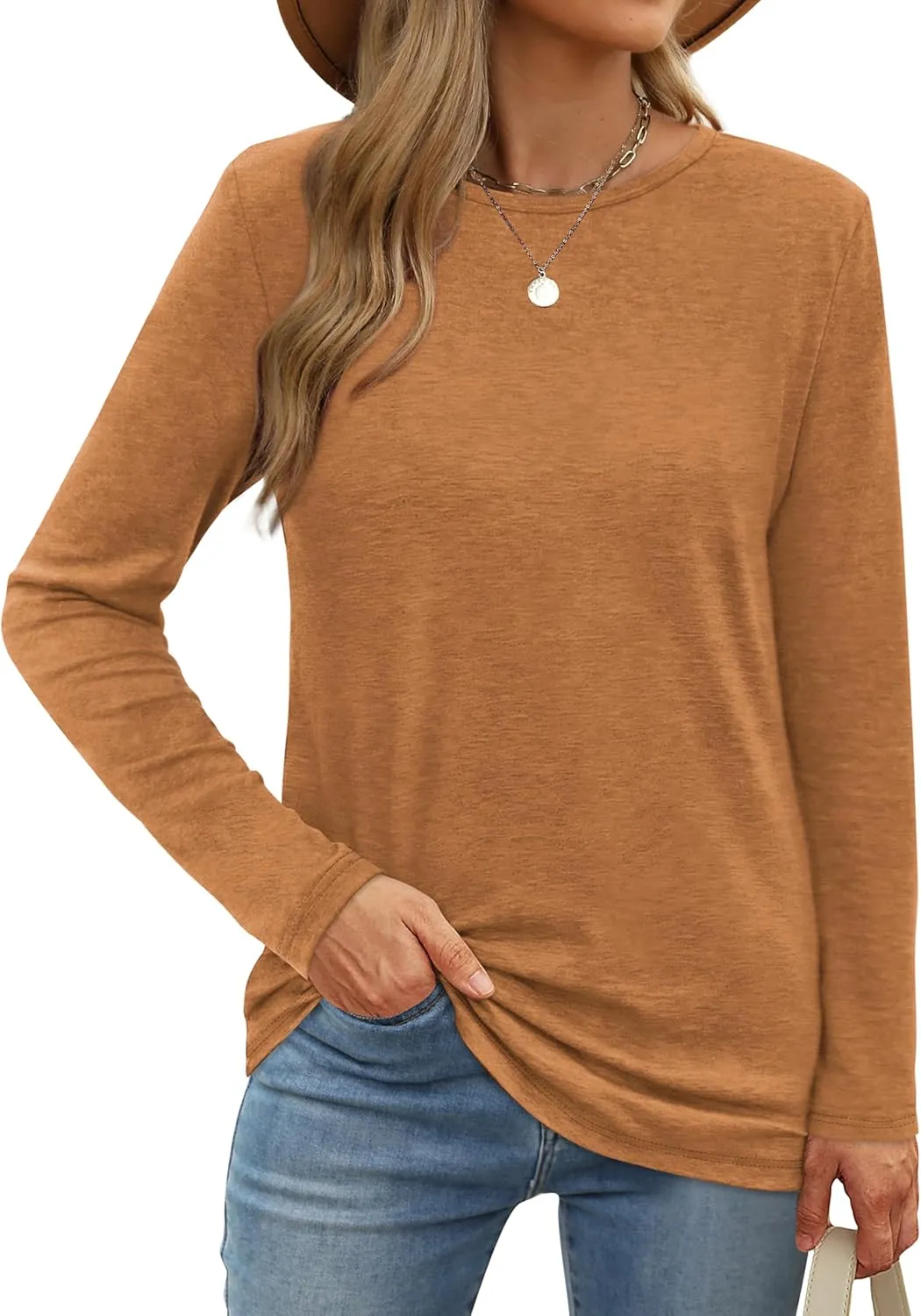 XIEERDUO Long Sleeve Shirts for Women Casual Crew Neck Basic Fall Tops Loose Fit Comfy