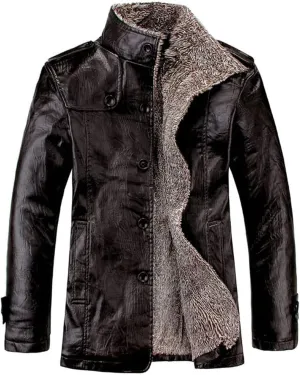 XYGJZ Men's Fleece Leather Jacket Sherpa Lined Stand Collar PU Faux Leather Motorcycle Coat Winter Oversized Thicken Outwear