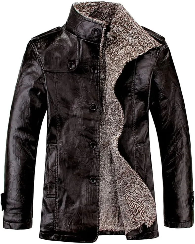 XYGJZ Men's Fleece Leather Jacket Sherpa Lined Stand Collar PU Faux Leather Motorcycle Coat Winter Oversized Thicken Outwear