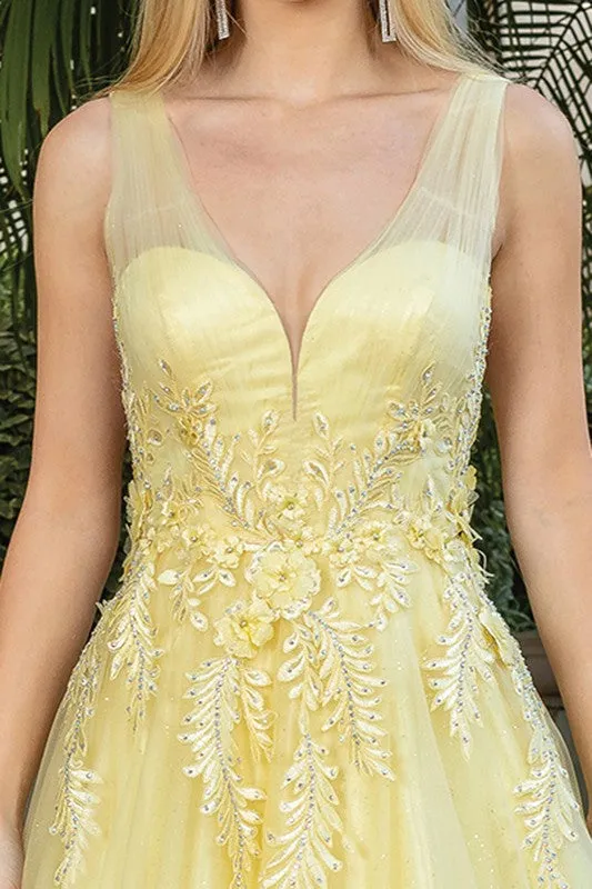 Yellow 3D Floral Applique A Line Dress