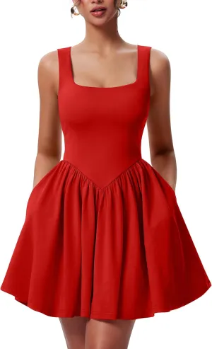 YMDUCH Women's Summer Sleeveless Square Neck A-line Ruffle Hem Mini Tank Dress with Pockets